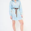 Clearance KIKISIX ABITO CORTO COLLO CAMICIA MUSSOLA STAMPA CON CINTURA AZZURRO