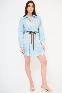 Clearance KIKISIX ABITO CORTO COLLO CAMICIA MUSSOLA STAMPA CON CINTURA AZZURRO