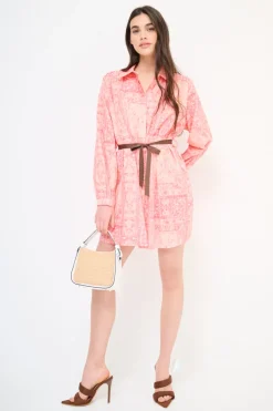 Hot KIKISIX ABITO CORTO COLLO CAMICIA MUSSOLA STAMPA CON CINTURA ROSA