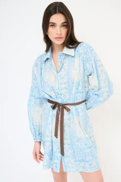 Clearance KIKISIX ABITO CORTO COLLO CAMICIA MUSSOLA STAMPA CON CINTURA AZZURRO