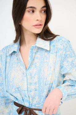 Clearance KIKISIX ABITO CORTO COLLO CAMICIA MUSSOLA STAMPA CON CINTURA AZZURRO