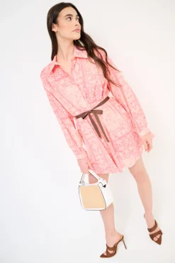 Hot KIKISIX ABITO CORTO COLLO CAMICIA MUSSOLA STAMPA CON CINTURA ROSA