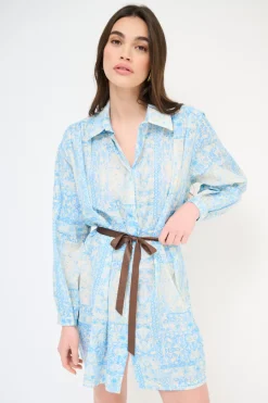 Clearance KIKISIX ABITO CORTO COLLO CAMICIA MUSSOLA STAMPA CON CINTURA AZZURRO