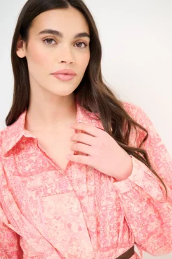 Hot KIKISIX ABITO CORTO COLLO CAMICIA MUSSOLA STAMPA CON CINTURA ROSA