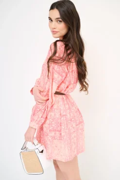 Hot KIKISIX ABITO CORTO COLLO CAMICIA MUSSOLA STAMPA CON CINTURA ROSA