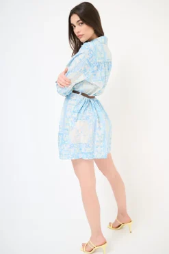 Clearance KIKISIX ABITO CORTO COLLO CAMICIA MUSSOLA STAMPA CON CINTURA AZZURRO