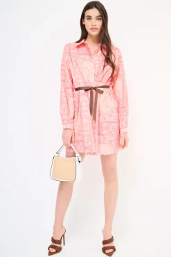 Hot KIKISIX ABITO CORTO COLLO CAMICIA MUSSOLA STAMPA CON CINTURA ROSA