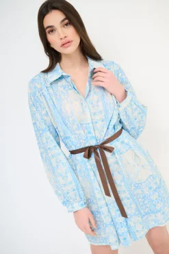 Clearance KIKISIX ABITO CORTO COLLO CAMICIA MUSSOLA STAMPA CON CINTURA AZZURRO