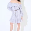 Best KIKISIX ABITO CORTO SPALLE SCOPERTE MUSSOLA STAMPATA CON CINTURA CELESTE