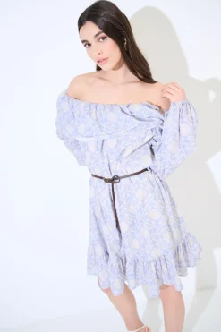 Best KIKISIX ABITO CORTO SPALLE SCOPERTE MUSSOLA STAMPATA CON CINTURA CELESTE