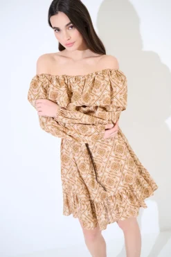 Discount KIKISIX ABITO CORTO SPALLE SCOPERTE MUSSOLA STAMPATA CON CINTURA TABACCO