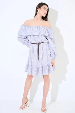 Best KIKISIX ABITO CORTO SPALLE SCOPERTE MUSSOLA STAMPATA CON CINTURA CELESTE