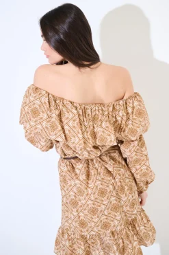 Discount KIKISIX ABITO CORTO SPALLE SCOPERTE MUSSOLA STAMPATA CON CINTURA TABACCO