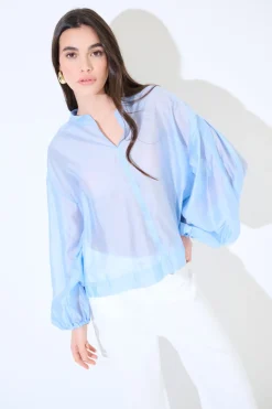 Hot KIKISIX BLUSA SCOLLO V VOILE CON MANICA AMPIA ELASTICO CELESTE