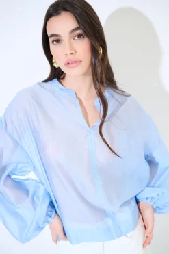 Hot KIKISIX BLUSA SCOLLO V VOILE CON MANICA AMPIA ELASTICO CELESTE