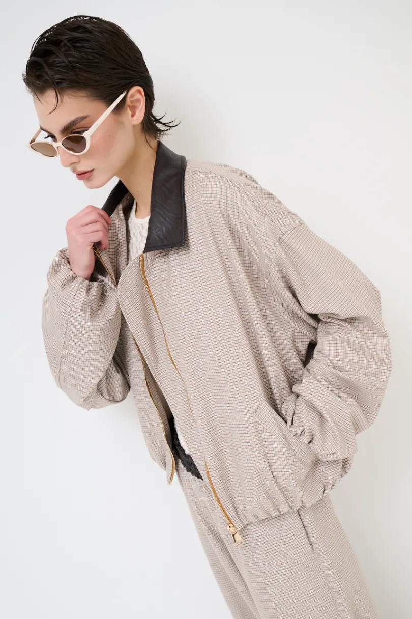 Fashion KIKISIX BOMBER QUADRETTO CON COLLO ECOPELLE MORO