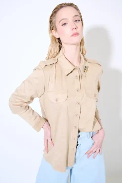 Discount KIKISIX CAMICIA CON TASCHE SPILLA ANANAS BEIGE