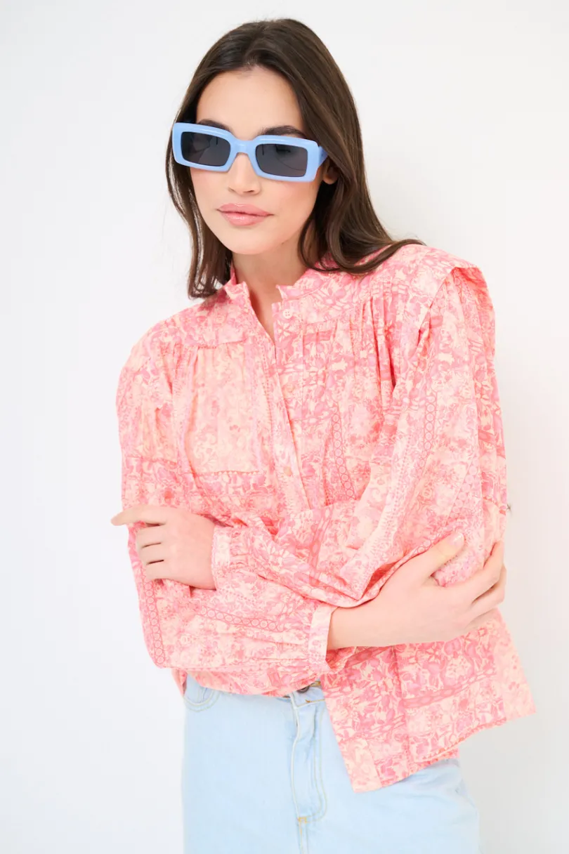 Discount KIKISIX CAMICIA COREANA MUSSOLA STAMPATA CON PIEGHE SU SPALLE ROSA