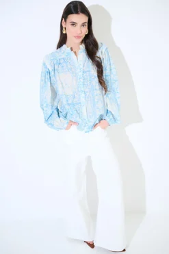 Discount KIKISIX CAMICIA COREANA MUSSOLA STAMPATA CON PIEGHE SU SPALLE AZZURRO