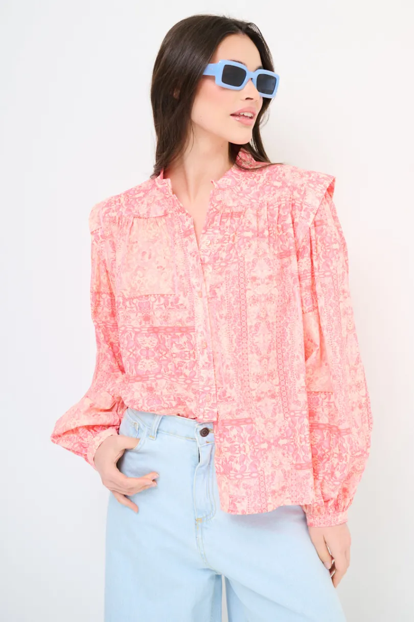 Discount KIKISIX CAMICIA COREANA MUSSOLA STAMPATA CON PIEGHE SU SPALLE ROSA