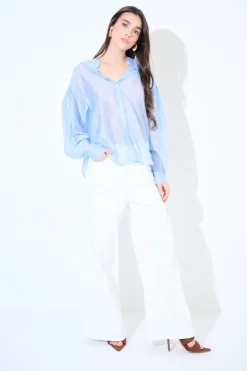 New KIKISIX CAMICIA COREANA VOILE CON PIEGA MANICA CELESTE