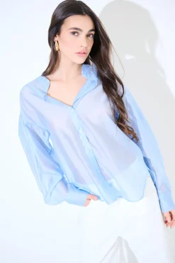 New KIKISIX CAMICIA COREANA VOILE CON PIEGA MANICA CELESTE