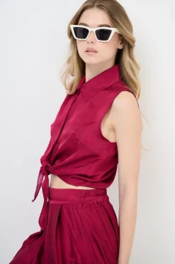 Best KIKISIX CAMICIA CROP CON NODO SMANICATA VINO