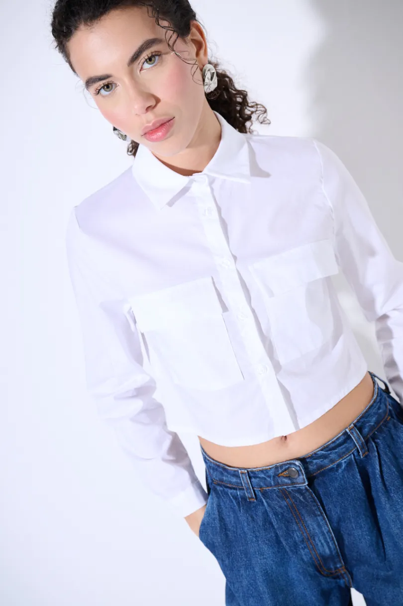 Discount KIKISIX CAMICIA CROP TASCHE BIANCO