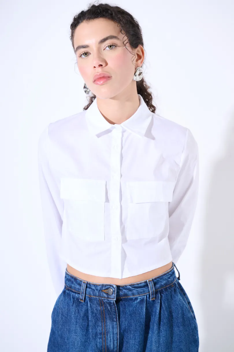 Discount KIKISIX CAMICIA CROP TASCHE BIANCO