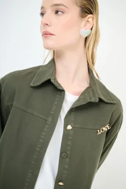 Fashion KIKISIX CAMICIA MILITARY CON STAMPA DIETRO E BOTTONI GIOIELLO VERDE MILI