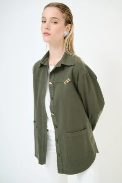 Fashion KIKISIX CAMICIA MILITARY CON STAMPA DIETRO E BOTTONI GIOIELLO VERDE MILI