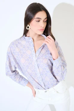 Outlet KIKISIX CAMICIA MUSSOLA STAMPATA CON COLLO COREANA ROUCHES DOPPIATA CELE