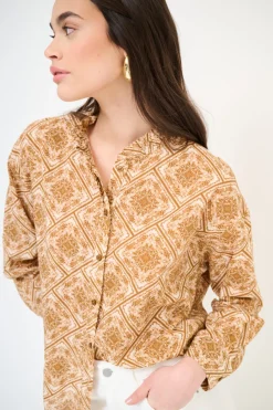 Fashion KIKISIX CAMICIA MUSSOLA STAMPATA CON COLLO COREANA ROUCHES DOPPIATA TABA