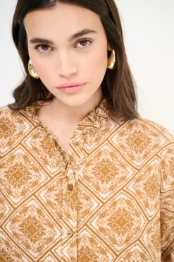 Fashion KIKISIX CAMICIA MUSSOLA STAMPATA CON COLLO COREANA ROUCHES DOPPIATA TABA