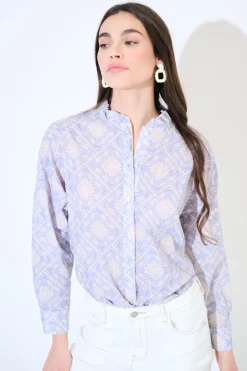 Outlet KIKISIX CAMICIA MUSSOLA STAMPATA CON COLLO COREANA ROUCHES DOPPIATA CELE