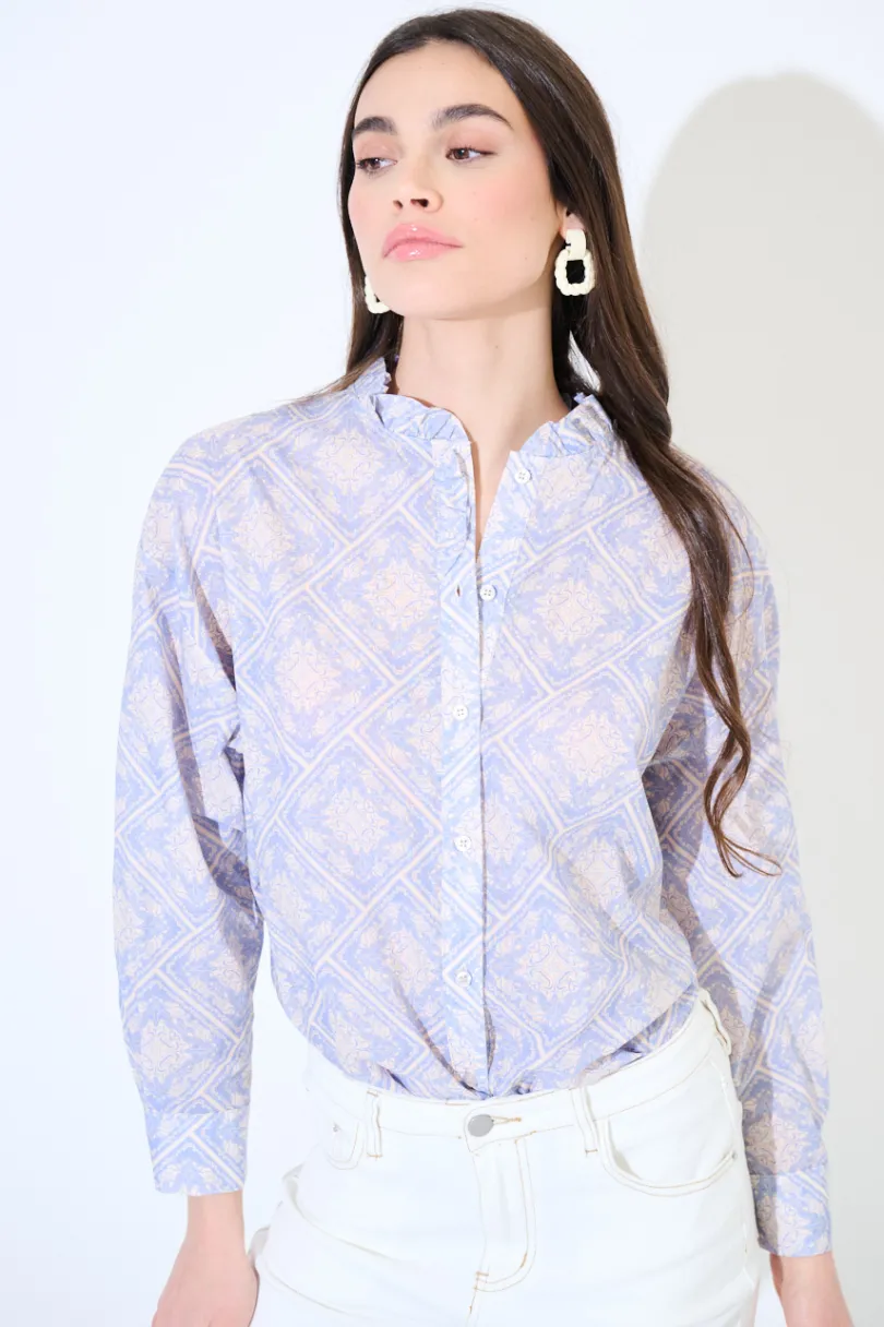 Outlet KIKISIX CAMICIA MUSSOLA STAMPATA CON COLLO COREANA ROUCHES DOPPIATA CELE