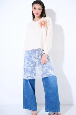 Online KIKISIX FELPA CON PIZZO SOTTO +PINZA PIUME BEIGE