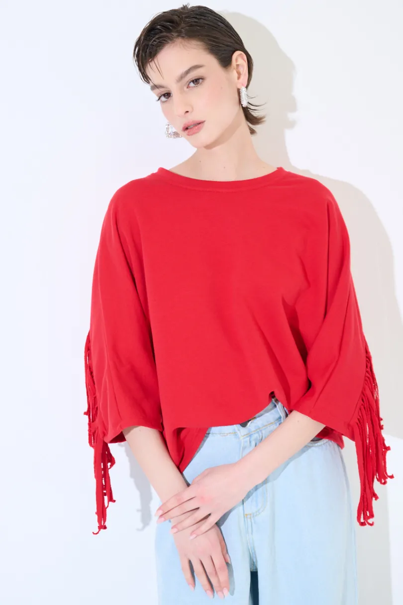 Clearance KIKISIX FELPA MANICA 3/4 CON FRANGE DT ROSSO