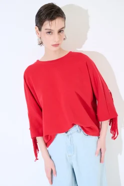 Clearance KIKISIX FELPA MANICA 3/4 CON FRANGE DT ROSSO
