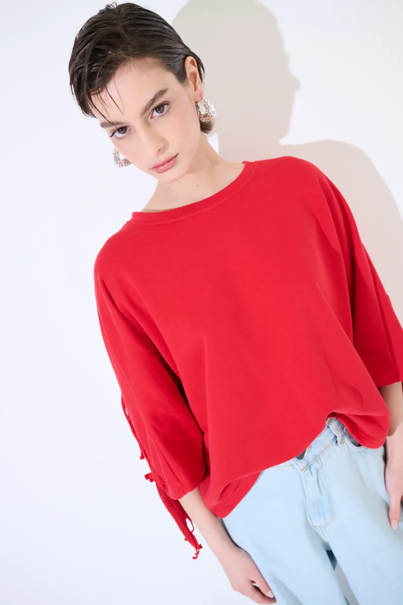 Clearance KIKISIX FELPA MANICA 3/4 CON FRANGE DT ROSSO