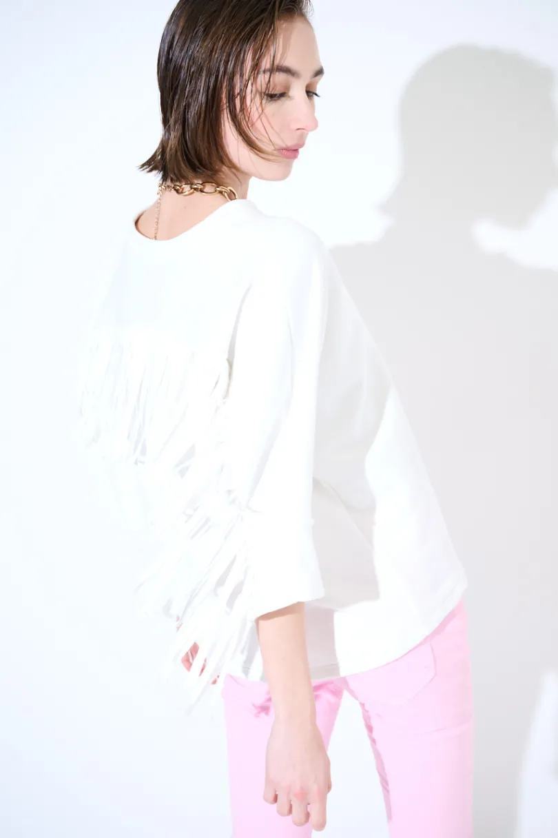 Hot KIKISIX FELPA MANICA 3/4 CON FRANGE DT BIANCO