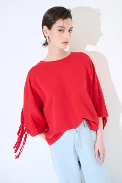 Clearance KIKISIX FELPA MANICA 3/4 CON FRANGE DT ROSSO