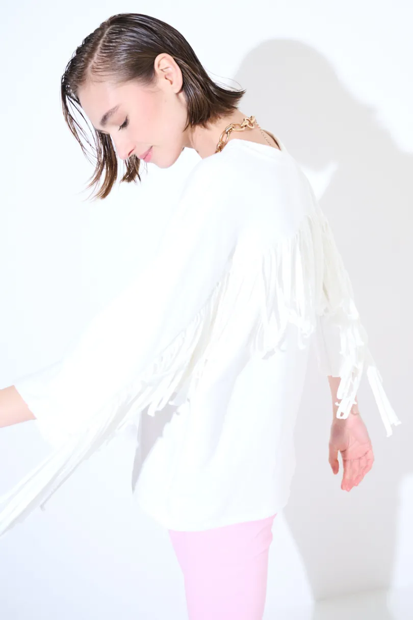 Hot KIKISIX FELPA MANICA 3/4 CON FRANGE DT BIANCO