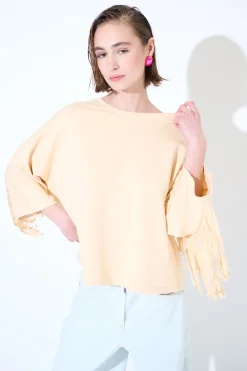 Outlet KIKISIX FELPA MANICA 3/4 CON FRANGE DT BEIGE