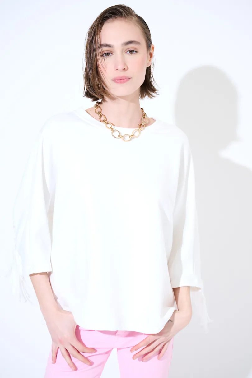 Hot KIKISIX FELPA MANICA 3/4 CON FRANGE DT BIANCO