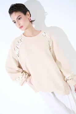 Hot KIKISIX FELPA OVER CON INSERTI IN PIZZO AVORIO