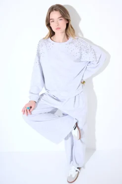 New KIKISIX FELPA OVERSIZE DIAMANTI SULLE SPALLE GRIGIO