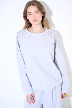 New KIKISIX FELPA OVERSIZE DIAMANTI SULLE SPALLE GRIGIO