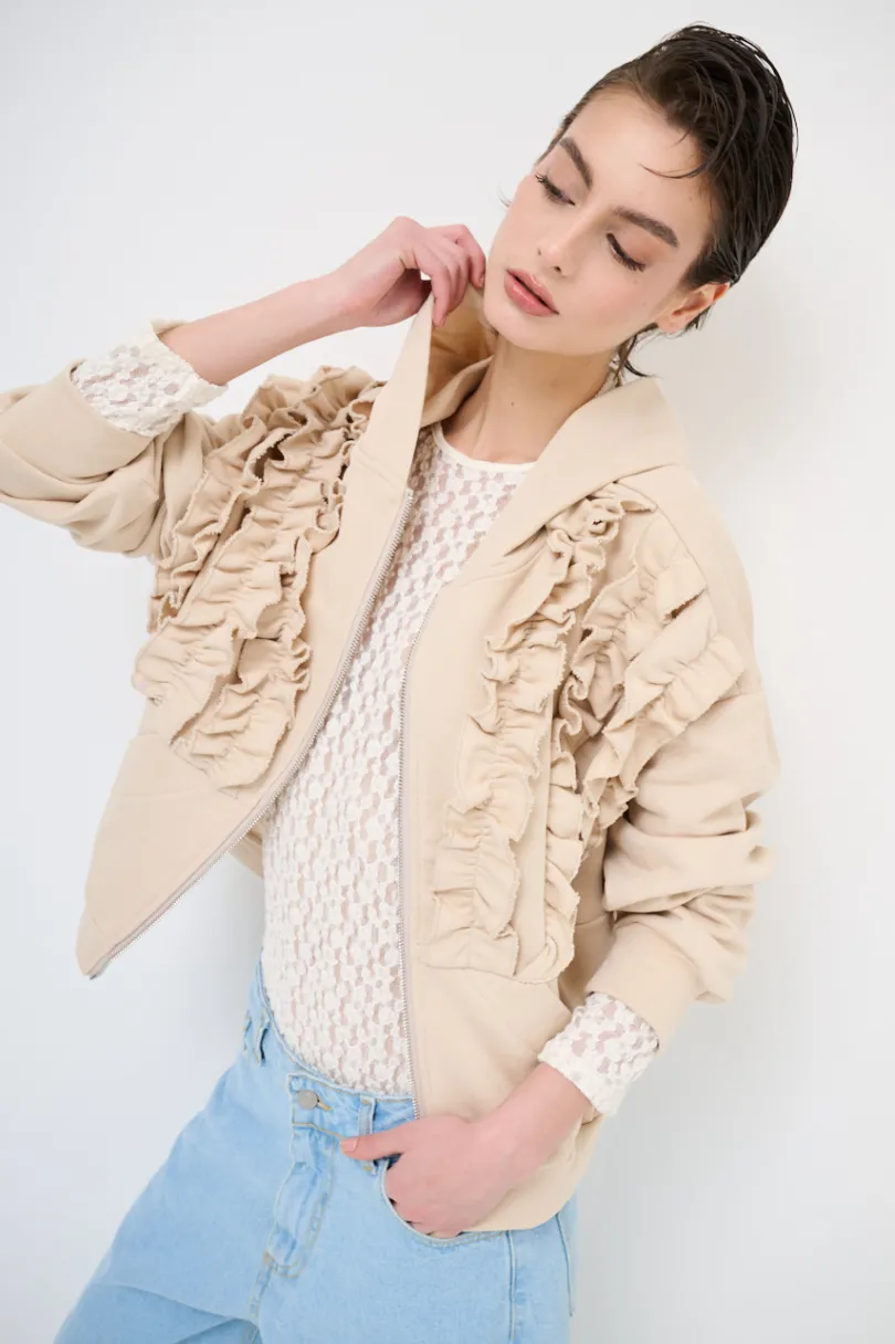 Best KIKISIX FELPA ZIP CON ROUCHES AVORIO