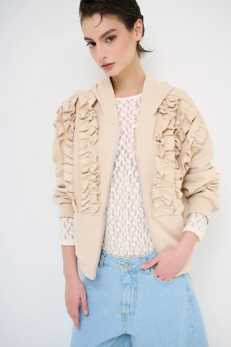 Best KIKISIX FELPA ZIP CON ROUCHES AVORIO